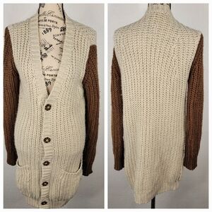 Burton Sz M Button Front Long Cardigan Crochet Knit Pockets